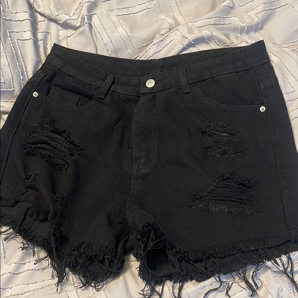 Trendy Black Distressed Denim Shorts